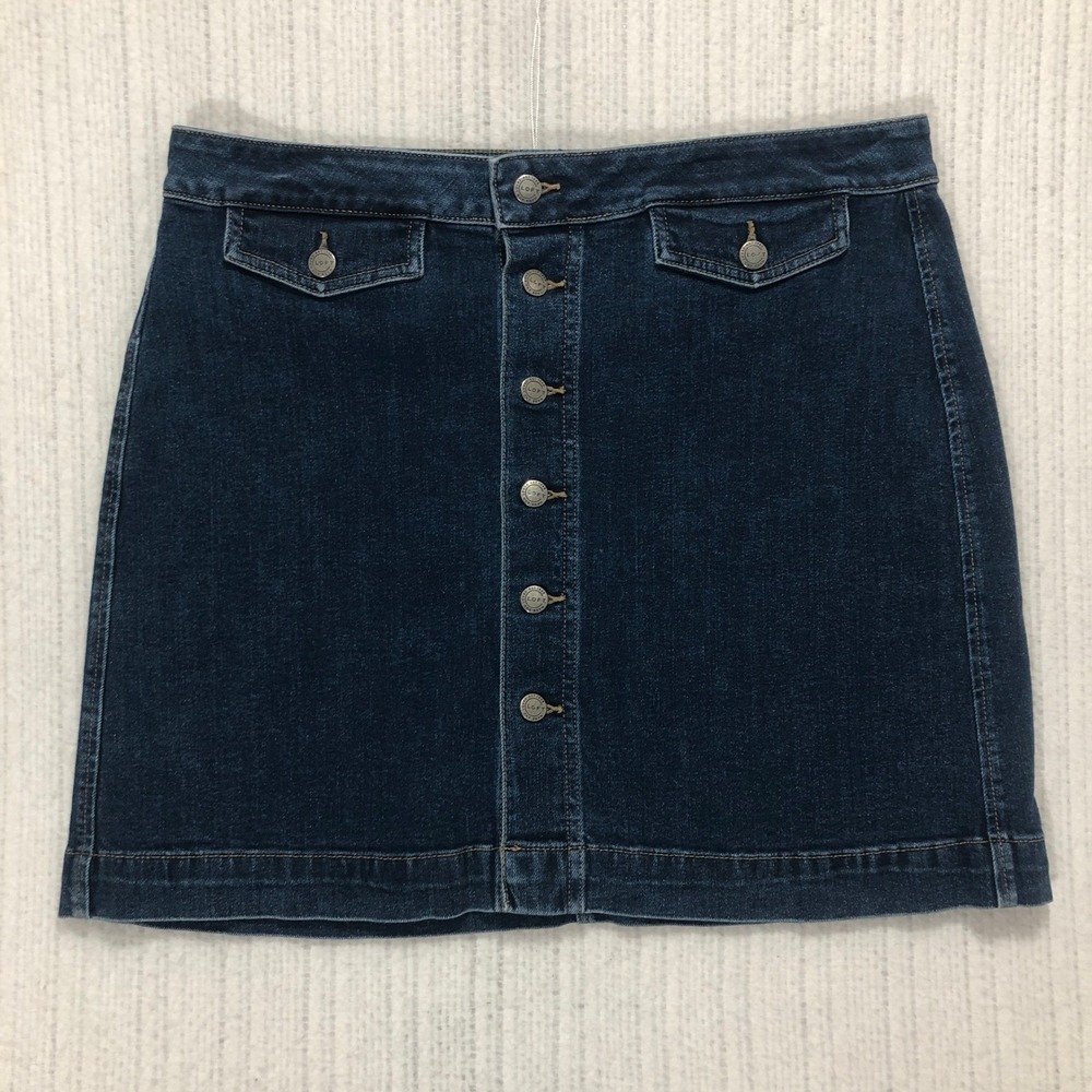 LOFT Womens Size 14 Dark Wash Button Front Denim Mini Skirt A-Line Pockets
